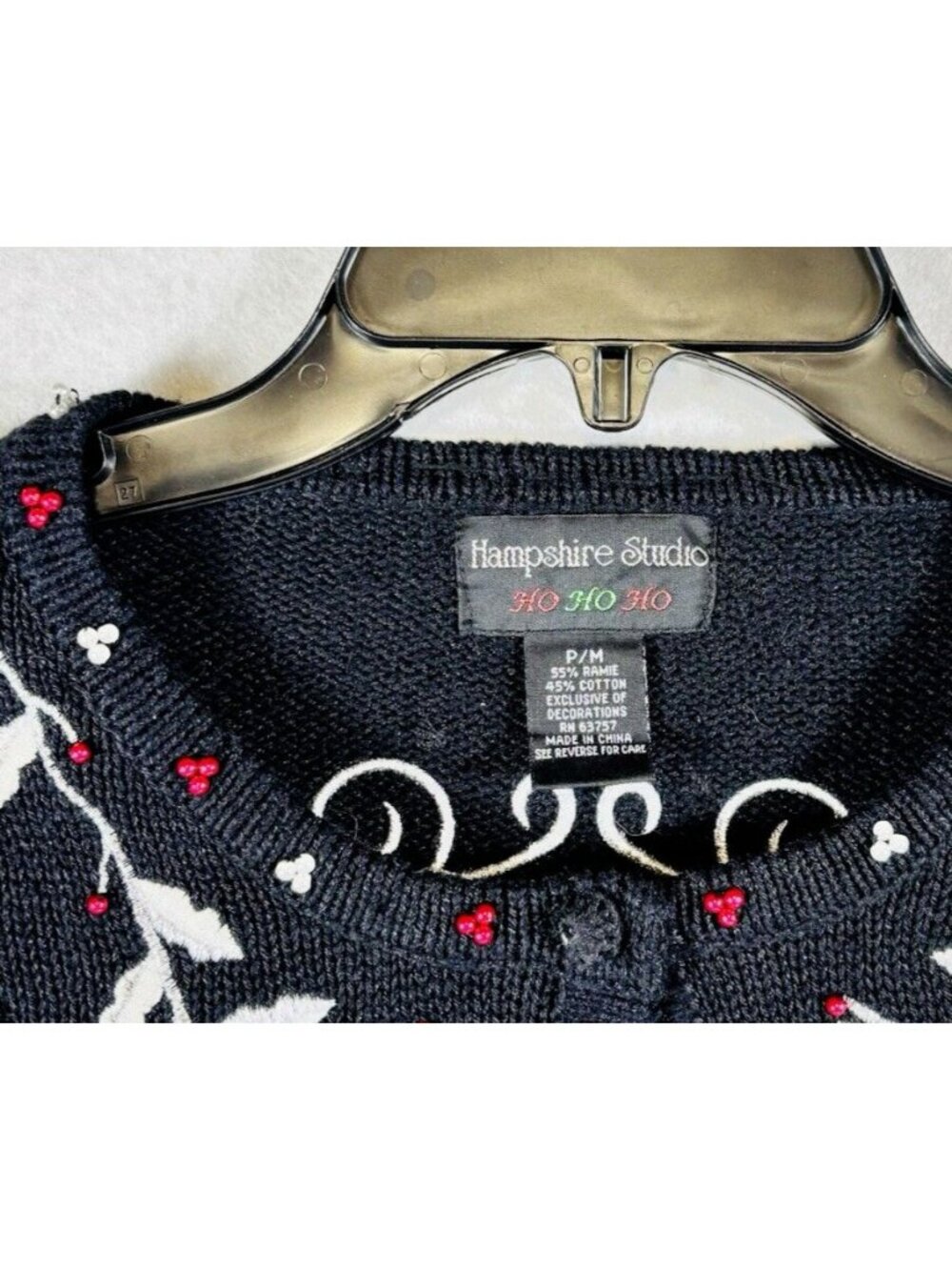 Hampshire Studio Ugly Christmas Sweater Black Cardigan Bells Snowflake Ivy Sz PM - Picture 2 of 9